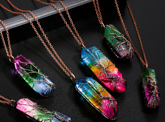 1Pcs Handmade 7 Chakra Natural Rainbow Stone Tree Of Life Pendant Necklace For Women Men Long Chain Statement Jewelry Gift - ECOMAGH