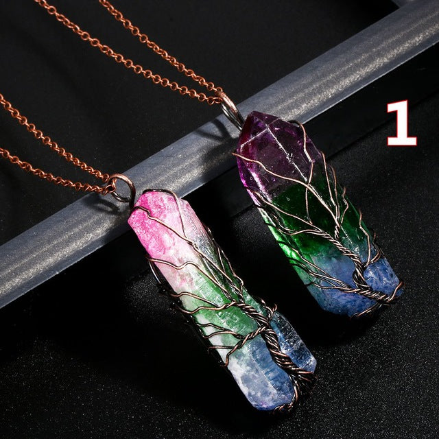 1Pcs Handmade 7 Chakra Natural Rainbow Stone Tree Of Life Pendant Necklace For Women Men Long Chain Statement Jewelry Gift - ECOMAGH