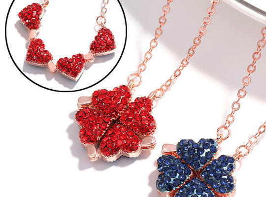 Fashion Women Girls Alloy Necklace Creative Red Blue Double Sided Four Heart Clover Pendant Lucky Grass Clavicle Chain Necklaces - ECOMAGH