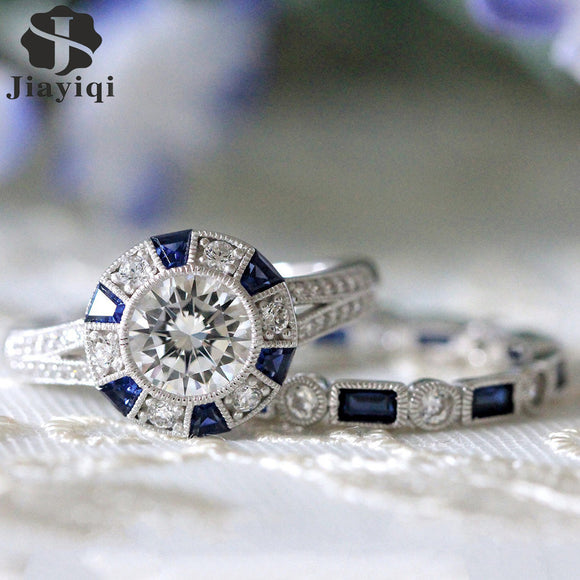 Fashion 2pcs/Set Luxury Blue Wedding Ring For Woman Silver Color Plating Zircon Ring Jewelry - ECOMAGH