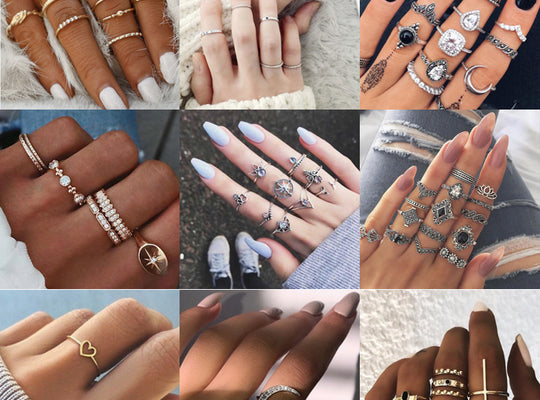 Tocona Bohemian Vintage Water Drops Star Geometric Crystal Ring Set Women Charm Joint Ring Fashion Jewelry Gift - ECOMAGH