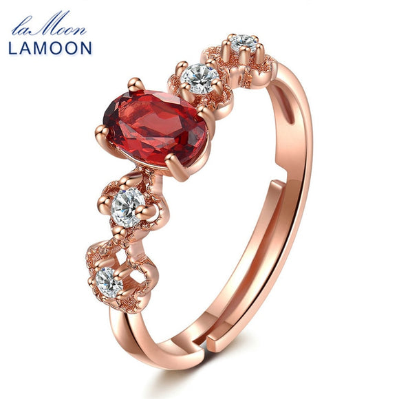 LAMOON 925 Sterling Silver Jewelry Wedding Rings For Women 100% Natural Oval Red Garnet S925 Ring Trendy Flower Anillos RI045 - ECOMAGH