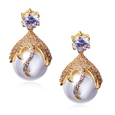 Dangle Pearl Drop earrings for Wedding Party pave AAA cubic zirconia crystal in White and Gold color Bridal white pearls jewelry - ECOMAGH