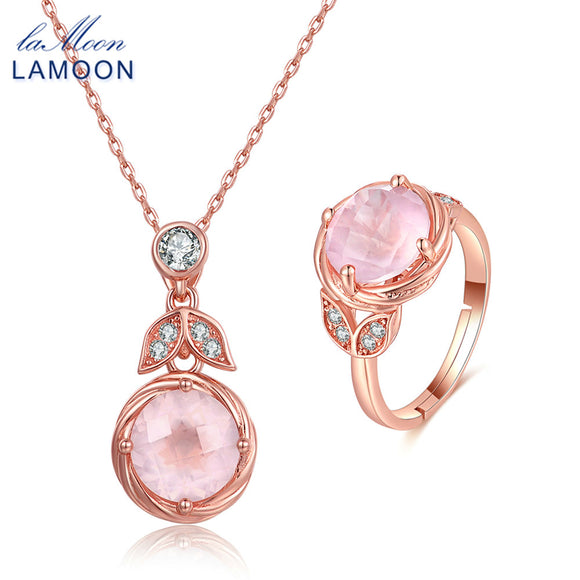 LAMOON 925 Sterling Silver Jewelry Sets for Women Romantic Pink 100% Natural Rose Quartz Necklace Ring Set Engagement V023-3 - ECOMAGH