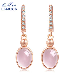 LAMOON Drop Earrings For Women 100% Natural Pink Rose Quartz S925 Sterling Silver Fine Jewelry Wedding Party Brincos EI006 - ECOMAGH