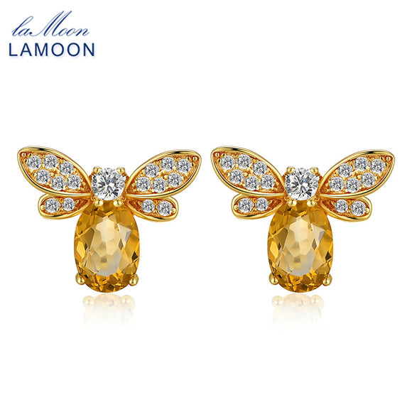 LAMOON 925 Sterling-silver-jewelry Earring Bee 5x7mm 1ct 100% Natural Citrine Stud Earrings For Women Fine Jewelry S925 EI041 - ECOMAGH
