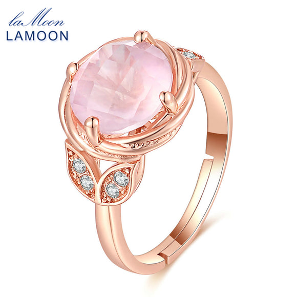 LAMOON Flower Wedding Ring Natural Pink Rose Quartz 925 Sterling Silver Adjustable Rings For Women Fine Jewelry Gift LMRI016 - ECOMAGH