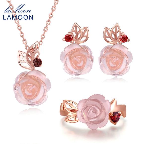 LAMOON Real 925 Sterling Silver Flower Rose Jewelry Sets Natural Pink Rose Quartz 18K Rose Gold Plated Fine Jewelry Set V033-1 - ECOMAGH