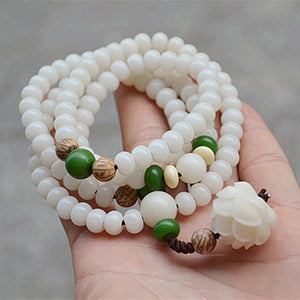 White Bodhi Seed Bracelets Carved Lotus Flower Pendant Necklace Buddha Lucky Women Men Prayer Mala Tibetan Buddhism Jewelry - ECOMAGH