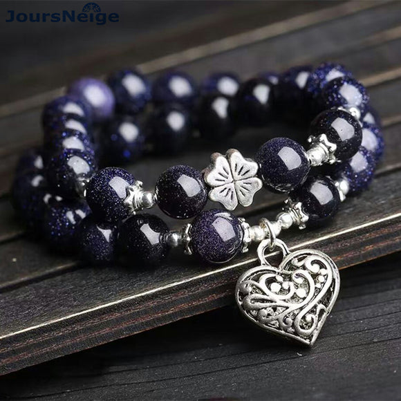 JoursNeige Dark Blue Sand Natural Stone Bracelets Tibetan Silver Heart Pendant for Men Women Stone Bracelet Multilayer Jewelry - ECOMAGH