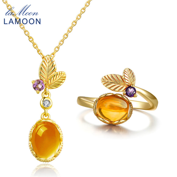 LAMOON S925 Necklace Ring Sets 100% Natural Citrine 925 Sterling Silver Jewelry Party Jewelry Set for Women Accessories V022-3 - ECOMAGH