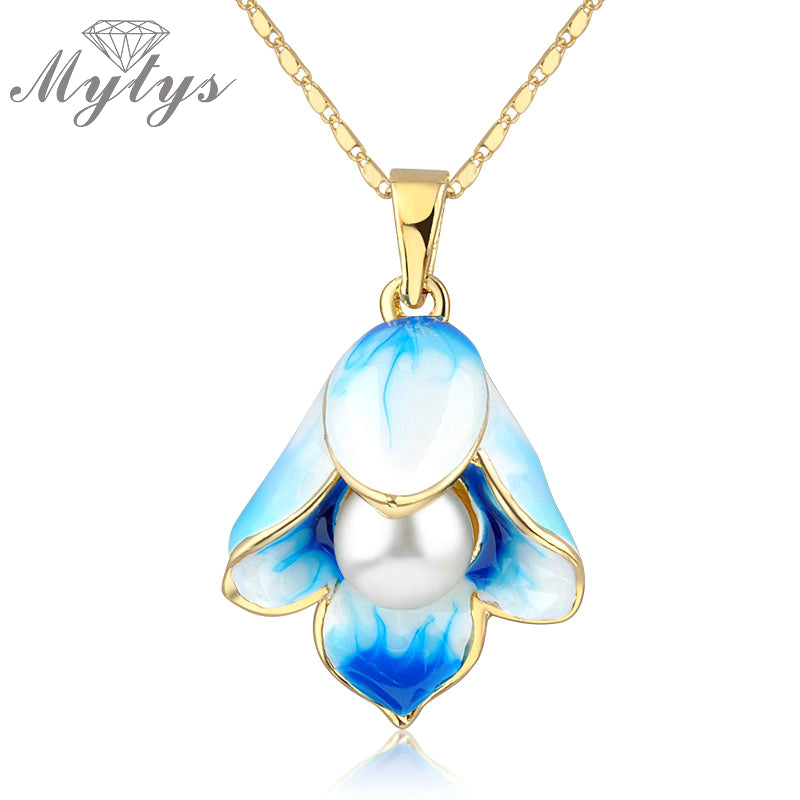 Mytys Pearl Heart Blue  Enamel  Flower Pendant Necklace for Women Fashion Romantic Jewelry Pendant with Chain N856 - ECOMAGH