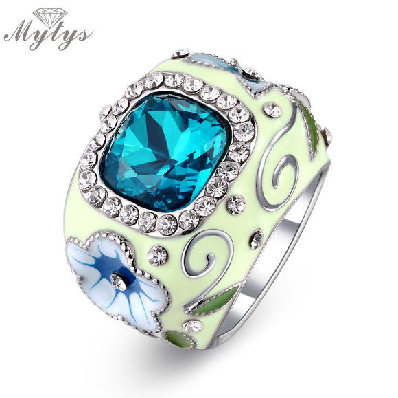 Mytys Fashion anillos ring women Crystal Amazing Enamel Blue cooktail Ring R503 - ECOMAGH