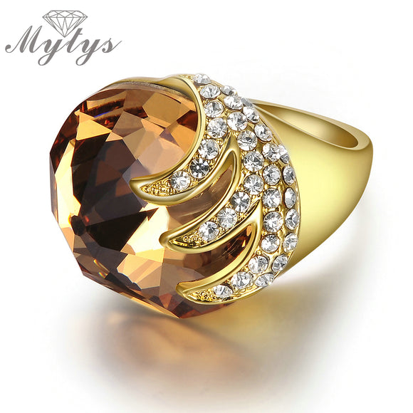 Mytys Champagne luxury ring spiral shape pave Setting Crystal  Yellow Gold GP cocktail rings for women R410 - ECOMAGH