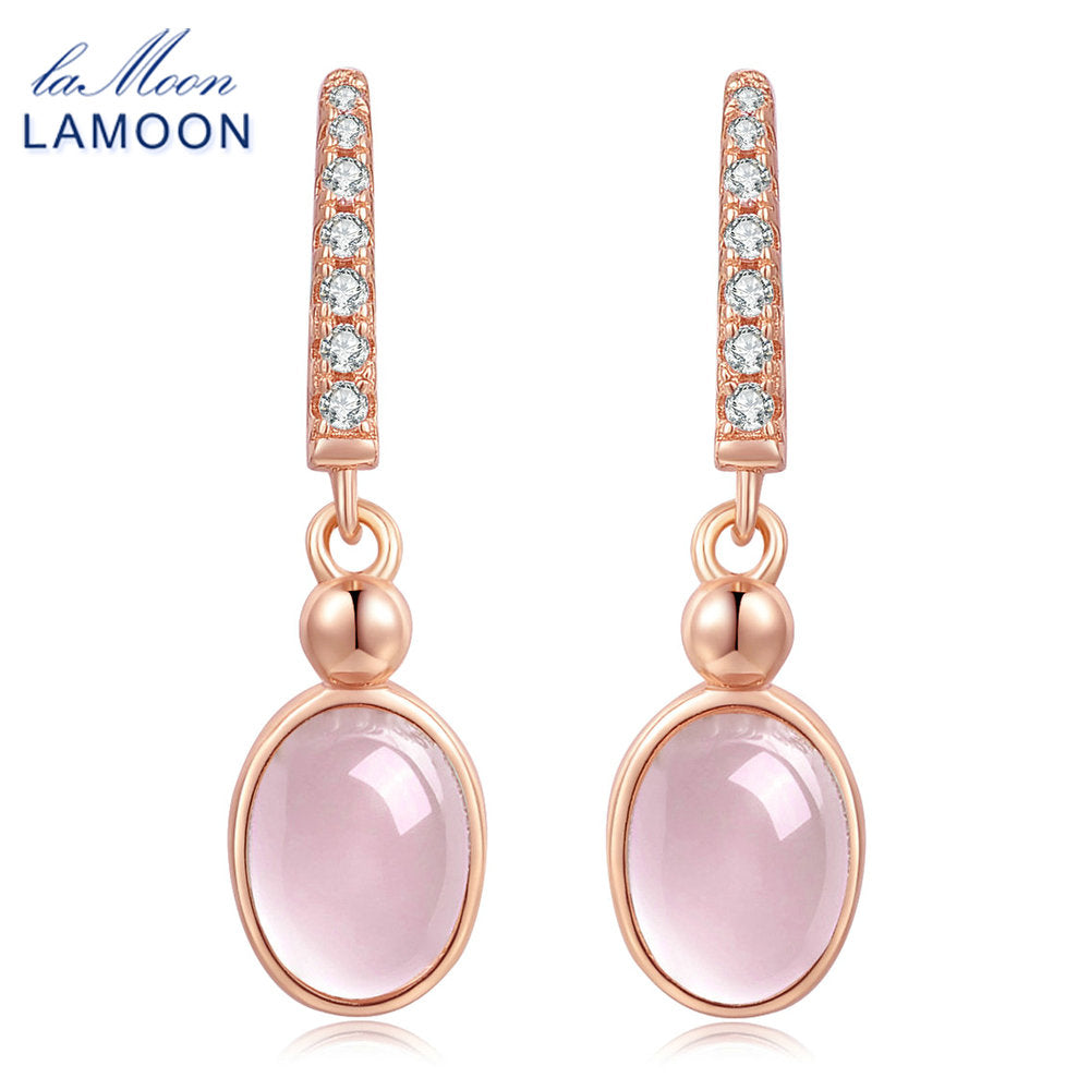 LAMOON Drop Earrings For Women 100% Natural Pink Rose Quartz S925 Sterling Silver Fine Jewelry Wedding Party Brincos EI006 - ECOMAGH